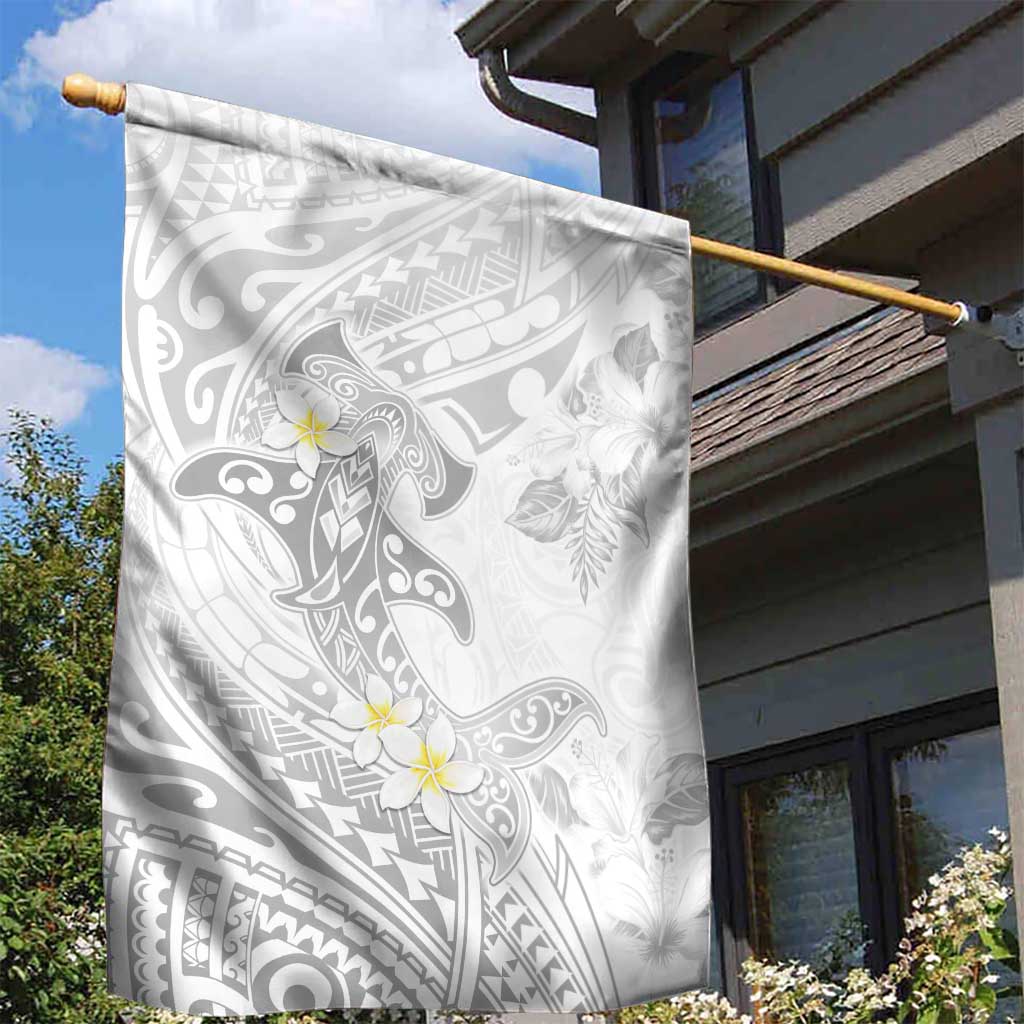 Polynesia Hammerhead Shark Garden Flag Tropical Flowers Tribal Pattern White LT05 - Polynesian Pride