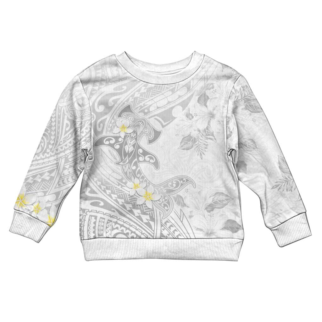 Polynesia Hammerhead Shark Kid Ugly Christmas Sweater Tropical Flowers Tribal Pattern White LT05 Kid White - Polynesian Pride
