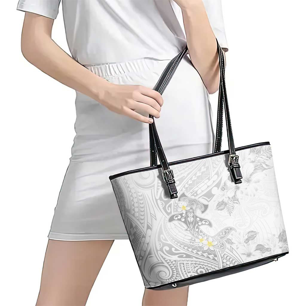 Polynesia Hammerhead Shark Leather Tote Bag Tropical Flowers Tribal Pattern White LT05 - Polynesian Pride