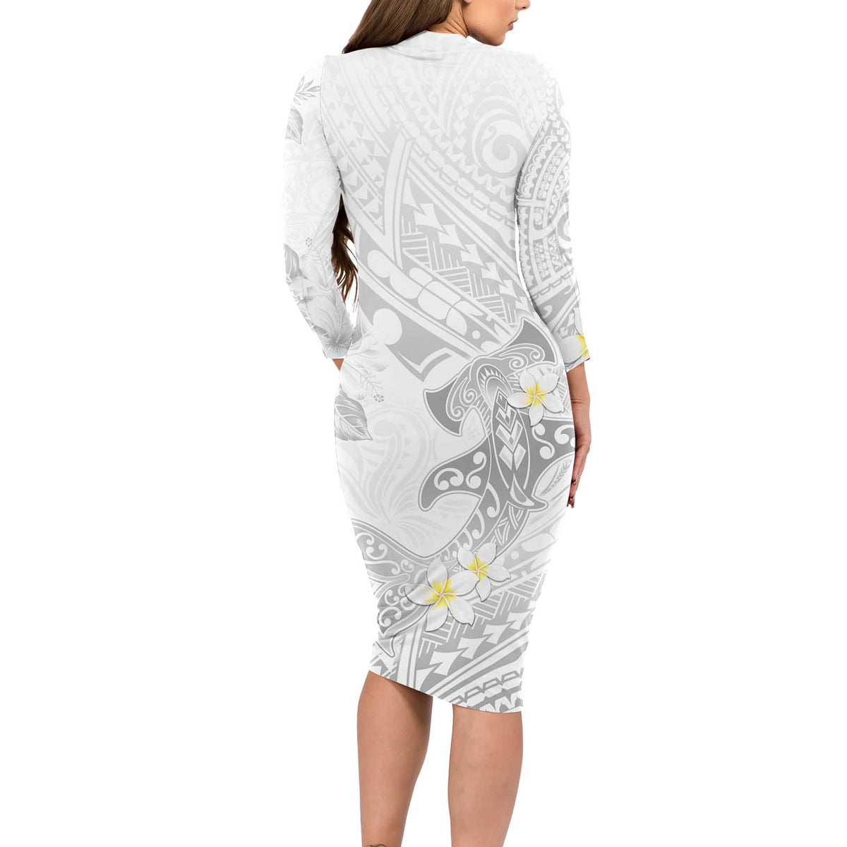 Polynesia Hammerhead Shark Long Sleeve Bodycon Dress Tropical Flowers Tribal Pattern White LT05 - Polynesian Pride