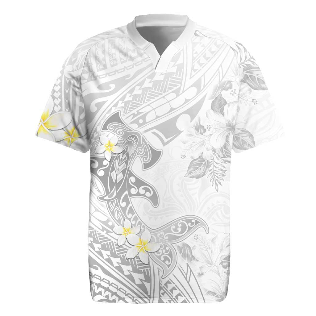 Polynesia Hammerhead Shark Rugby Jersey Tropical Flowers Tribal Pattern White LT05 White - Polynesian Pride