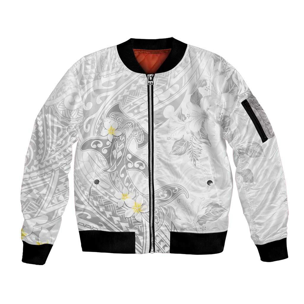 Polynesia Hammerhead Shark Sleeve Zip Bomber Jacket Tropical Flowers Tribal Pattern White LT05 Unisex White - Polynesian Pride