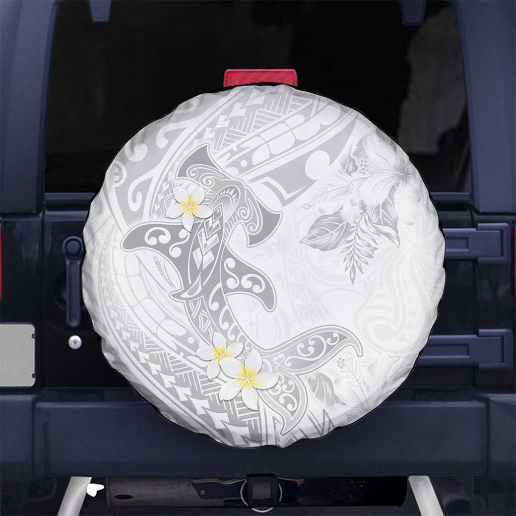 Polynesia Hammerhead Shark Spare Tire Cover Tropical Flowers Tribal Pattern White LT05 - Polynesian Pride