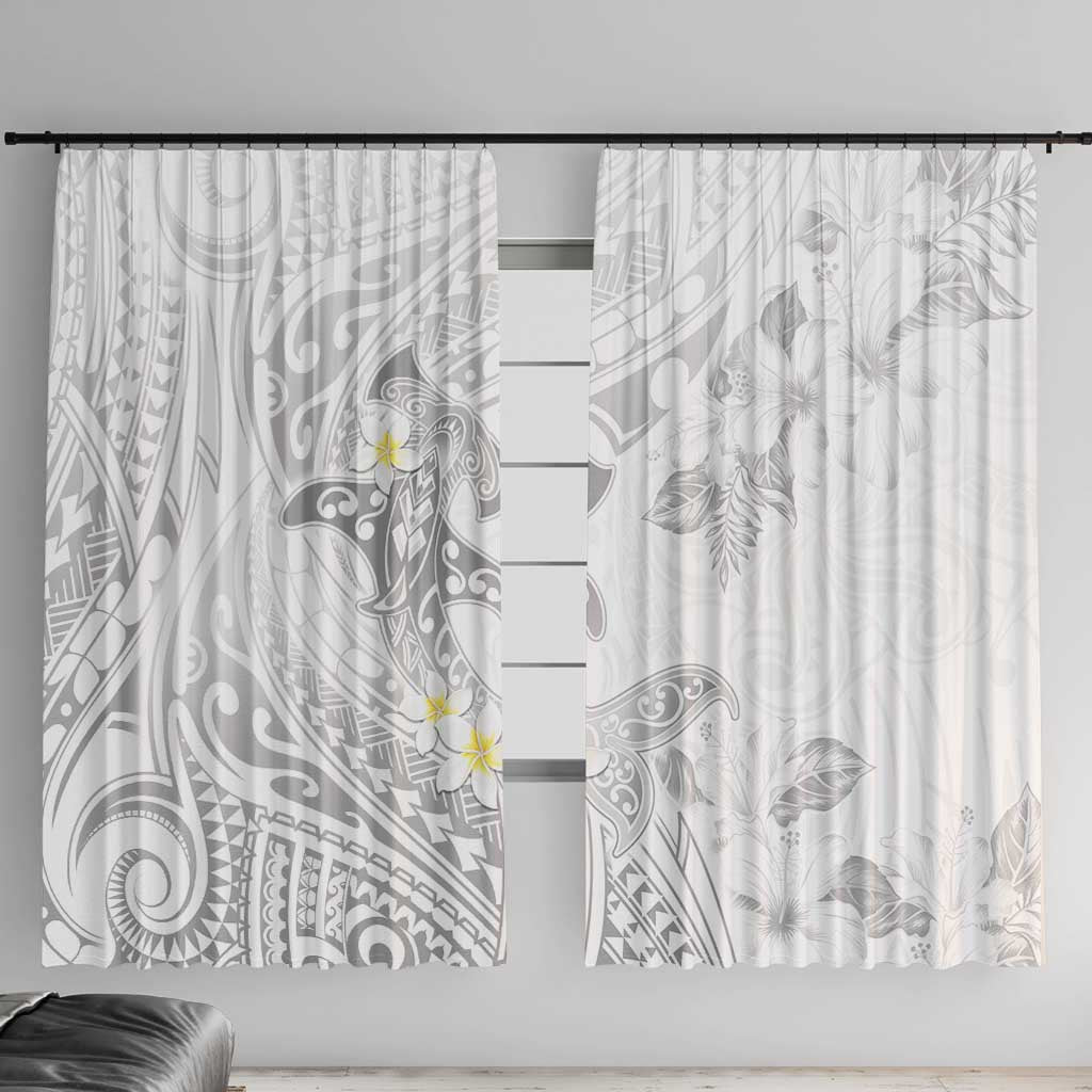 Polynesia Hammerhead Shark Window Curtain Tropical Flowers Tribal Pattern White LT05 With Hooks White - Polynesian Pride