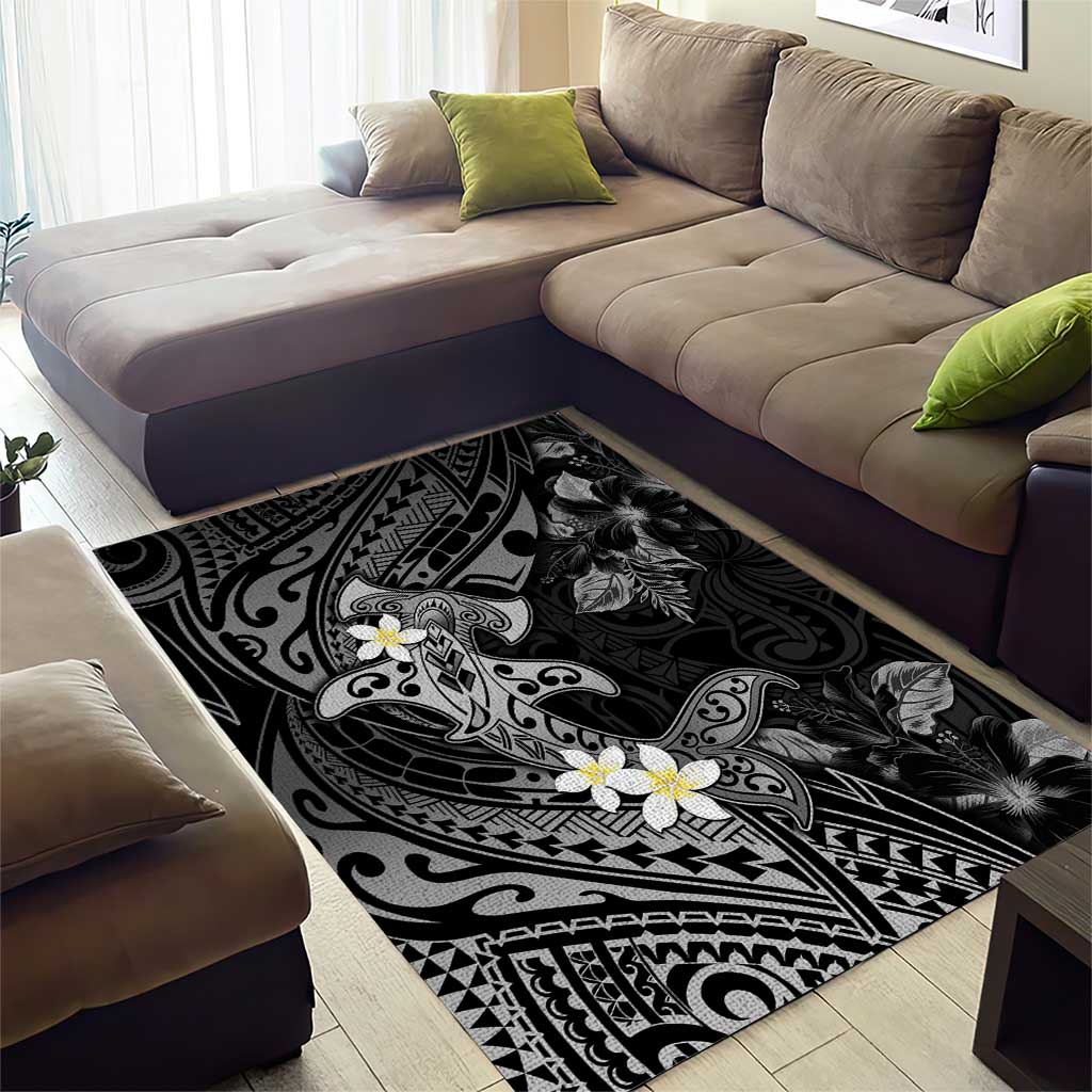 Polynesia Hammerhead Shark Area Rug Tropical Flowers Tribal Pattern Black LT05 - Polynesian Pride