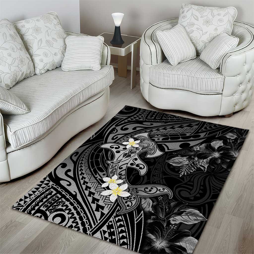Polynesia Hammerhead Shark Area Rug Tropical Flowers Tribal Pattern Black LT05 - Polynesian Pride