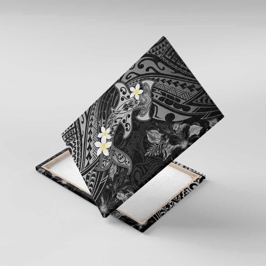 Polynesia Hammerhead Shark Canvas Wall Art Tropical Flowers Tribal Pattern Black LT05 With Frame Black - Polynesian Pride