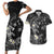 Polynesia Hammerhead Shark Couples Matching Short Sleeve Bodycon Dress and Hawaiian Shirt Tropical Flowers Tribal Pattern Black