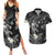 Polynesia Hammerhead Shark Couples Matching Summer Maxi Dress and Hawaiian Shirt Tropical Flowers Tribal Pattern Black