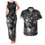 Polynesia Hammerhead Shark Couples Matching Tank Maxi Dress and Hawaiian Shirt Tropical Flowers Tribal Pattern Black