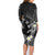 Polynesia Hammerhead Shark Family Matching Long Sleeve Bodycon Dress and Hawaiian Shirt Tropical Flowers Tribal Pattern Black