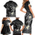 Polynesia Hammerhead Shark Family Matching Short Sleeve Bodycon Dress and Hawaiian Shirt Tropical Flowers Tribal Pattern Black