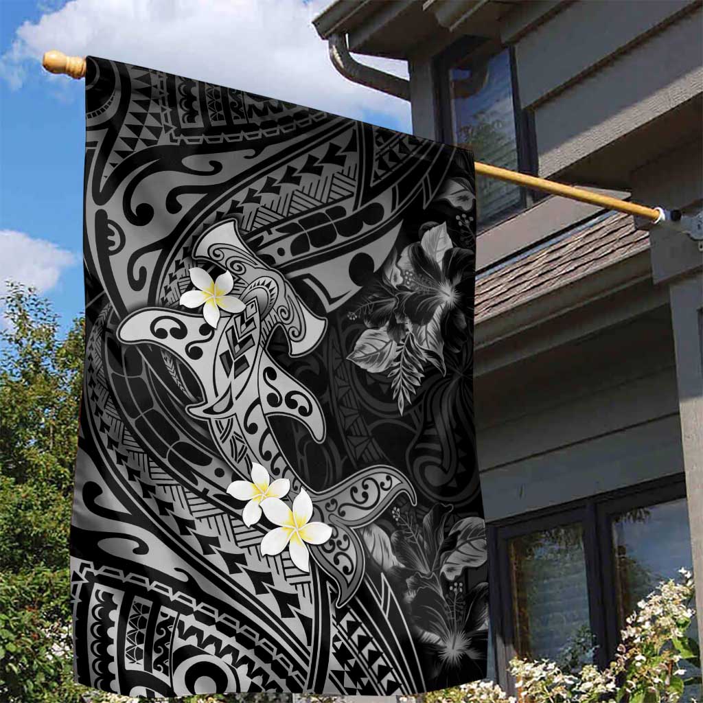 Polynesia Hammerhead Shark Garden Flag Tropical Flowers Tribal Pattern Black LT05 - Polynesian Pride