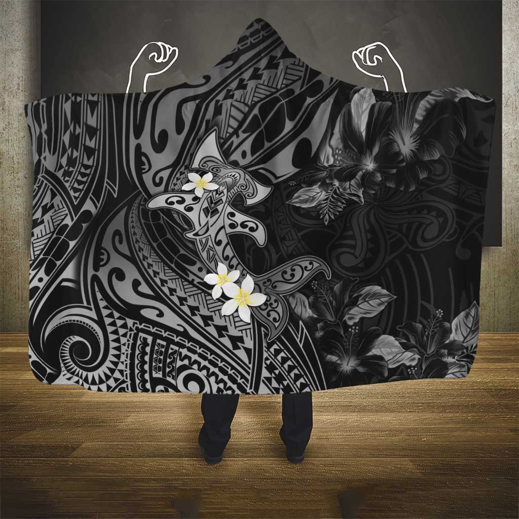 Polynesia Hammerhead Shark Hooded Blanket Tropical Flowers Tribal Pattern Black LT05 - Polynesian Pride