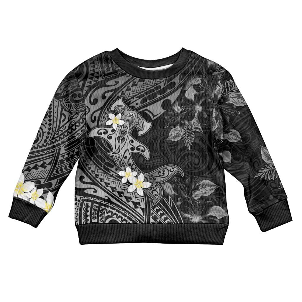 Polynesia Hammerhead Shark Kid Ugly Christmas Sweater Tropical Flowers Tribal Pattern Black LT05 Kid Black - Polynesian Pride