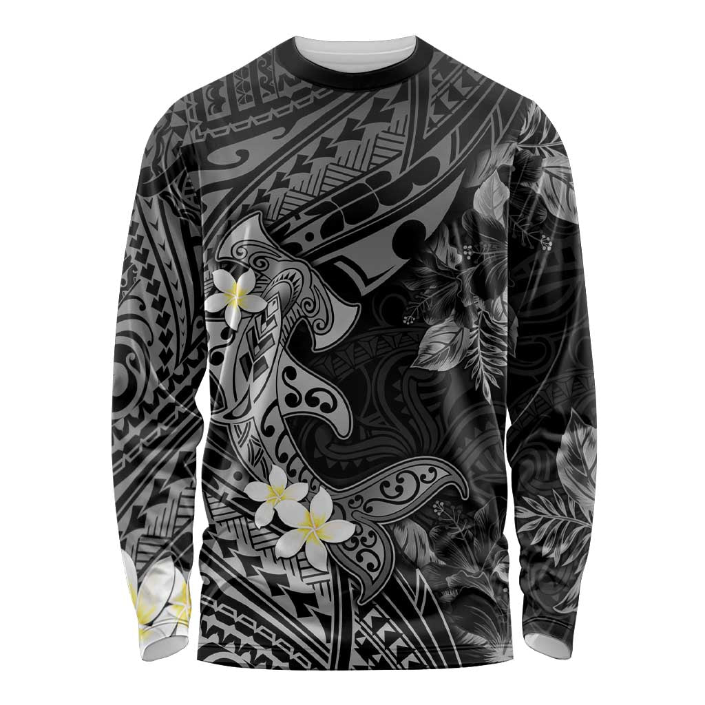 Polynesia Hammerhead Shark Long Sleeve Shirt Tropical Flowers Tribal Pattern Black LT05 Unisex Black - Polynesian Pride