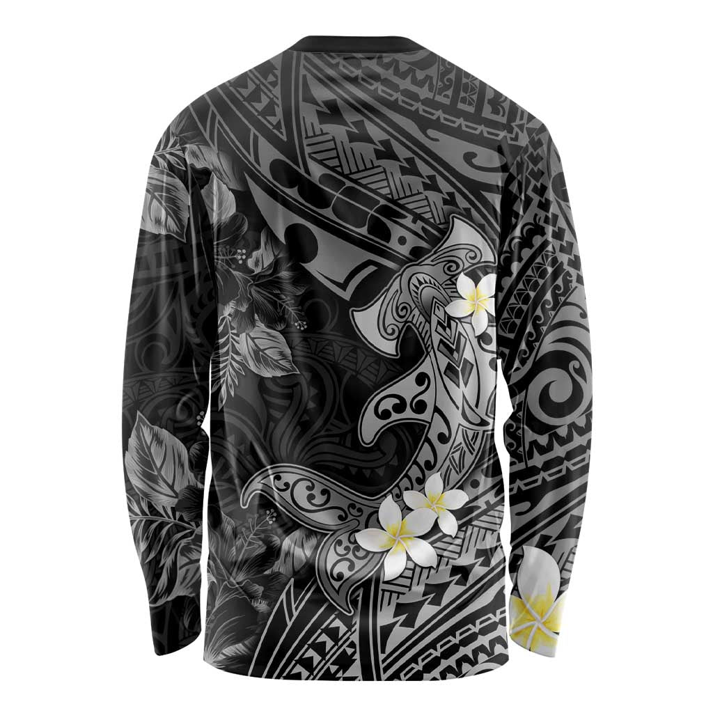 Polynesia Hammerhead Shark Long Sleeve Shirt Tropical Flowers Tribal Pattern Black LT05 - Polynesian Pride