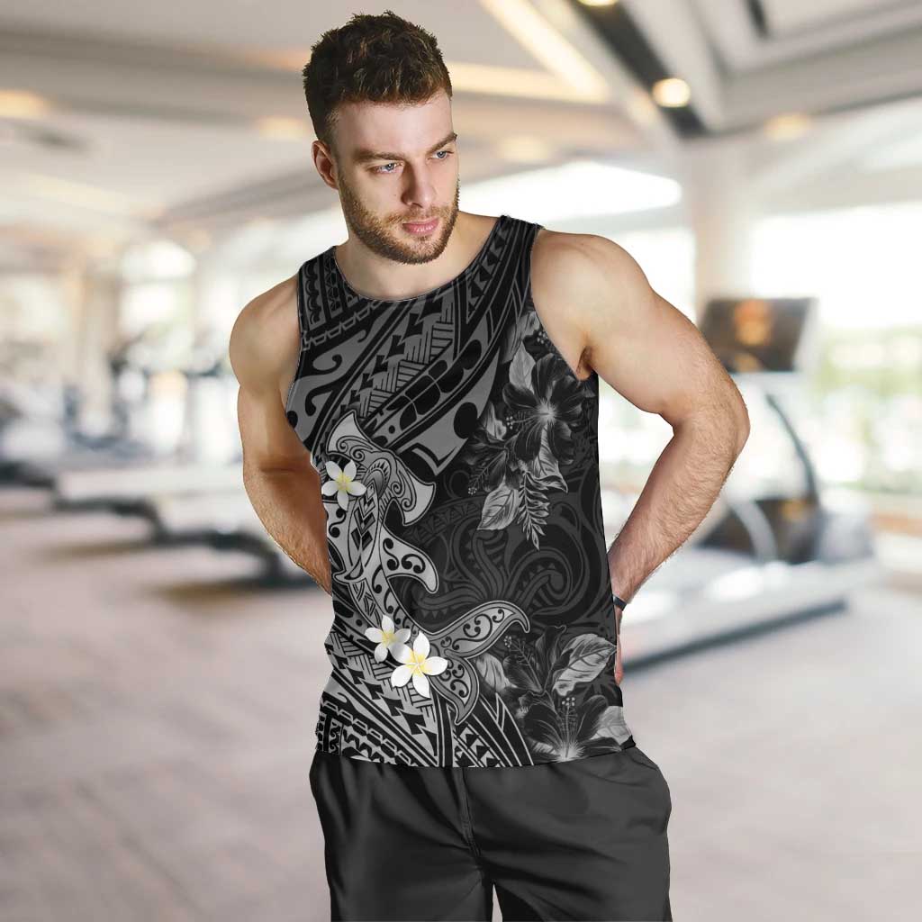 Polynesia Hammerhead Shark Men Tank Top Tropical Flowers Tribal Pattern Black LT05 Black - Polynesian Pride
