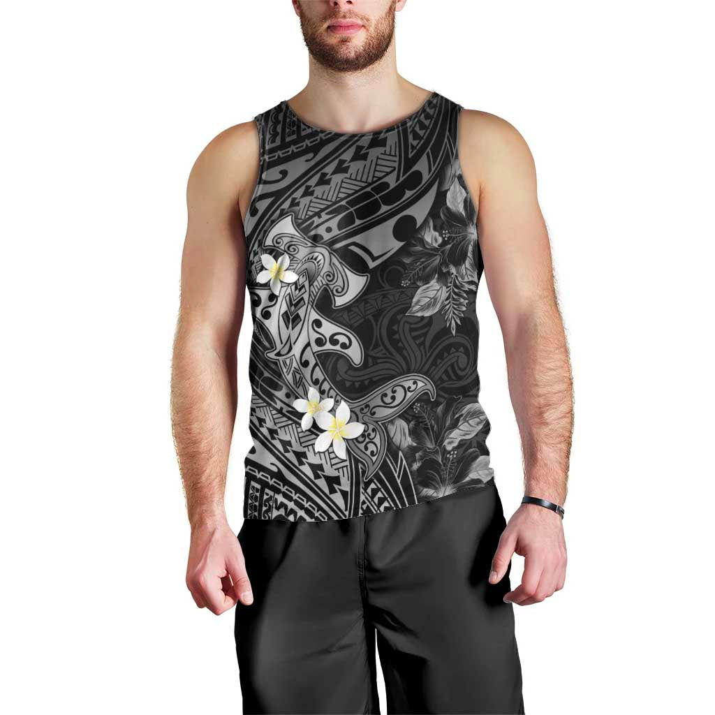 Polynesia Hammerhead Shark Men Tank Top Tropical Flowers Tribal Pattern Black LT05 - Polynesian Pride
