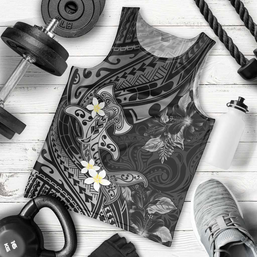 Polynesia Hammerhead Shark Men Tank Top Tropical Flowers Tribal Pattern Black LT05 - Polynesian Pride