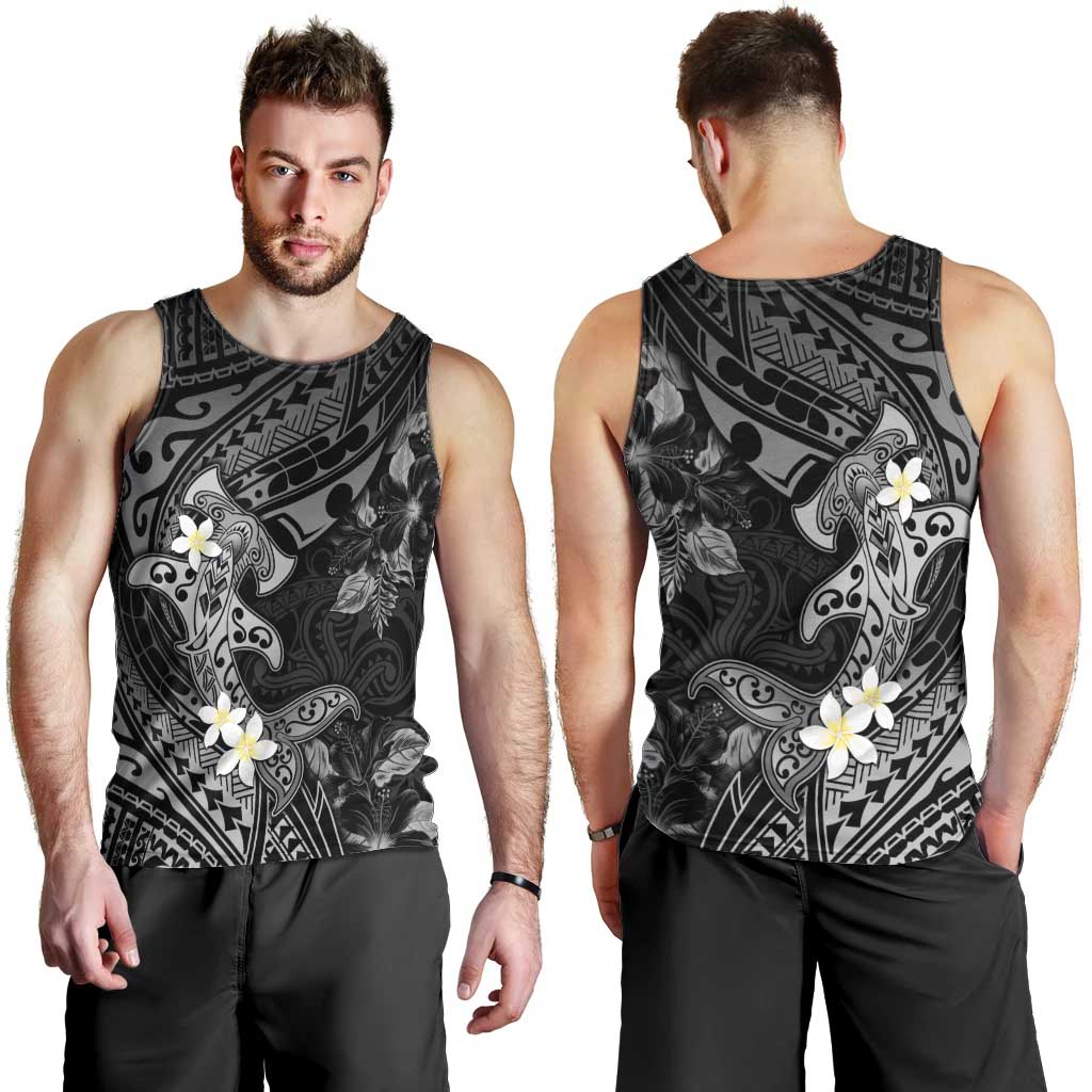Polynesia Hammerhead Shark Men Tank Top Tropical Flowers Tribal Pattern Black LT05 - Polynesian Pride