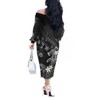 Polynesia Hammerhead Shark Off The Shoulder Long Sleeve Dress Tropical Flowers Tribal Pattern Black LT05 - Polynesian Pride
