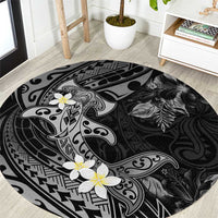 Polynesia Hammerhead Shark Round Carpet Tropical Flowers Tribal Pattern Black LT05 Black - Polynesian Pride