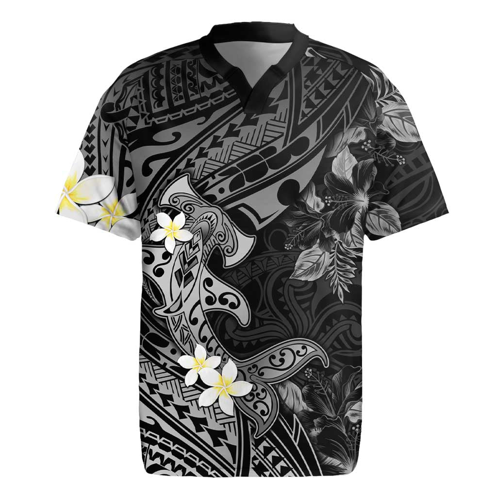 Polynesia Hammerhead Shark Rugby Jersey Tropical Flowers Tribal Pattern Black LT05 Black - Polynesian Pride