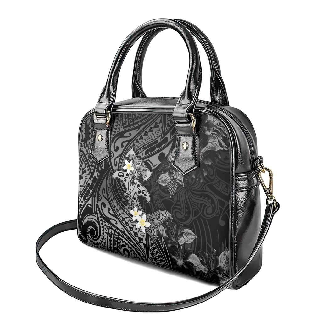 Polynesia Hammerhead Shark Shoulder Handbag Tropical Flowers Tribal Pattern Black LT05 - Polynesian Pride