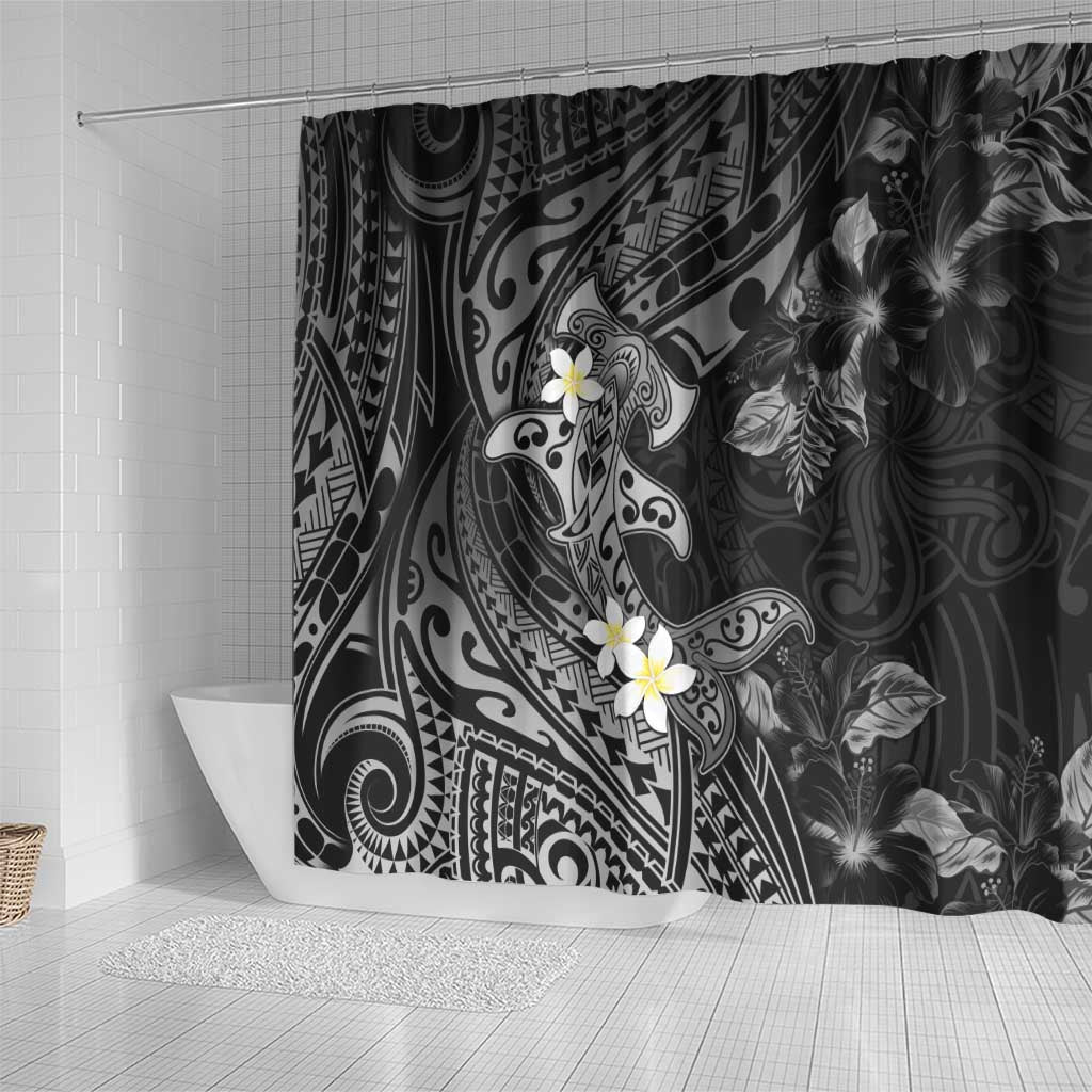Polynesia Hammerhead Shark Shower Curtain Tropical Flowers Tribal Pattern Black LT05 - Polynesian Pride