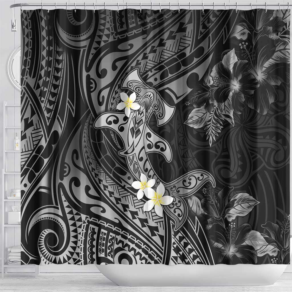 Polynesia Hammerhead Shark Shower Curtain Tropical Flowers Tribal Pattern Black LT05 - Polynesian Pride