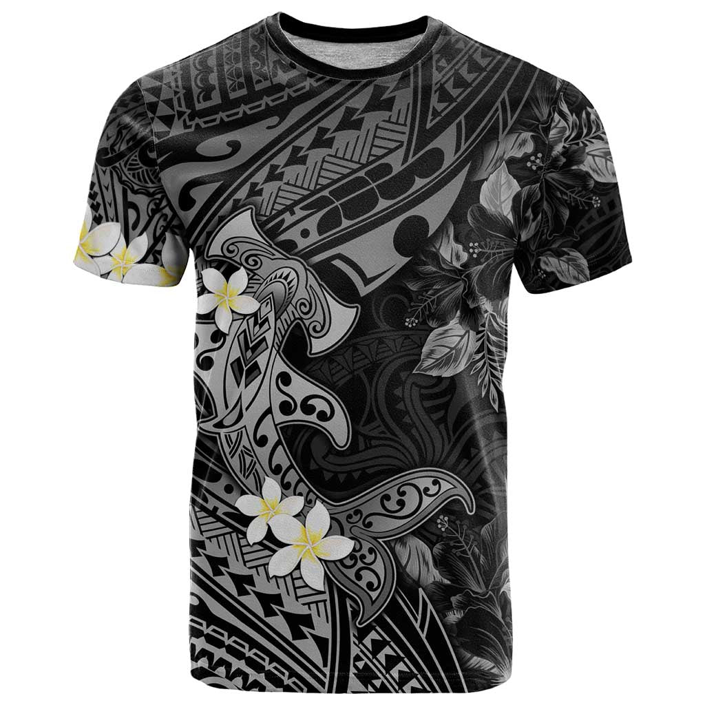 Polynesia Hammerhead Shark T Shirt Tropical Flowers Tribal Pattern Black LT05 Black - Polynesian Pride