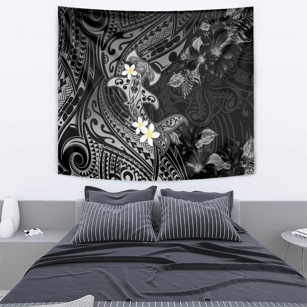 Polynesia Hammerhead Shark Tapestry Tropical Flowers Tribal Pattern Black LT05 - Polynesian Pride