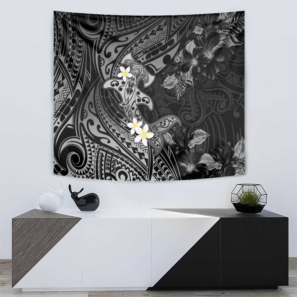 Polynesia Hammerhead Shark Tapestry Tropical Flowers Tribal Pattern Black LT05 - Polynesian Pride