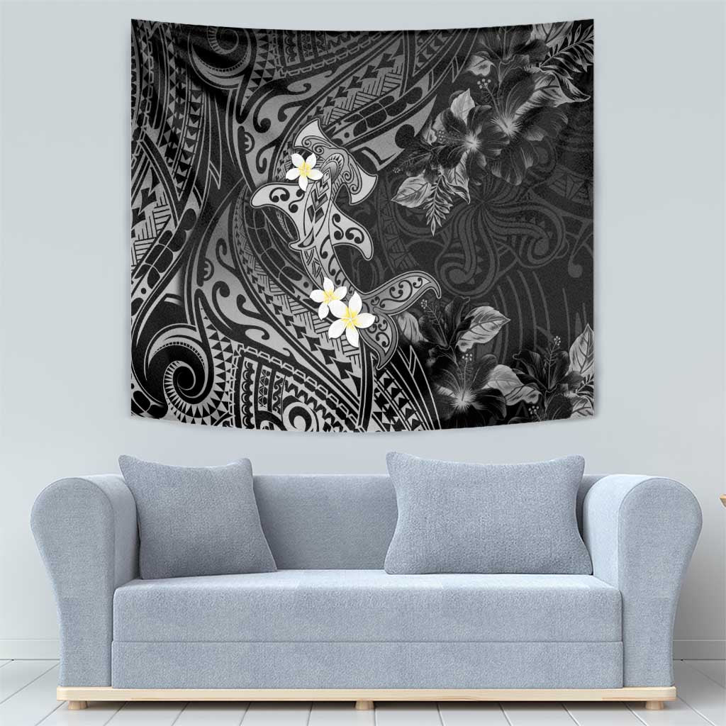 Polynesia Hammerhead Shark Tapestry Tropical Flowers Tribal Pattern Black LT05 - Polynesian Pride
