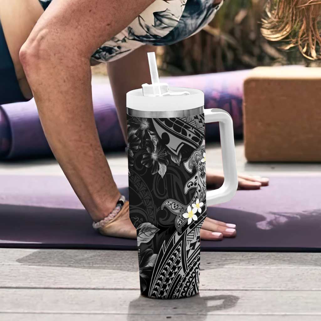 Polynesia Hammerhead Shark Tumbler With Handle Tropical Flowers Tribal Pattern Black LT05 - Polynesian Pride