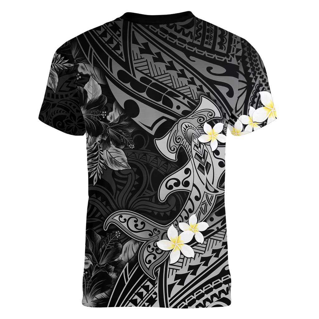 Polynesia Hammerhead Shark Women V-Neck T-Shirt Tropical Flowers Tribal Pattern Black LT05 - Polynesian Pride