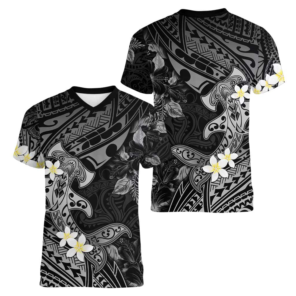 Polynesia Hammerhead Shark Women V-Neck T-Shirt Tropical Flowers Tribal Pattern Black LT05 - Polynesian Pride