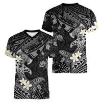 Polynesia Hammerhead Shark Women V-Neck T-Shirt Tropical Flowers Tribal Pattern Black LT05 - Polynesian Pride