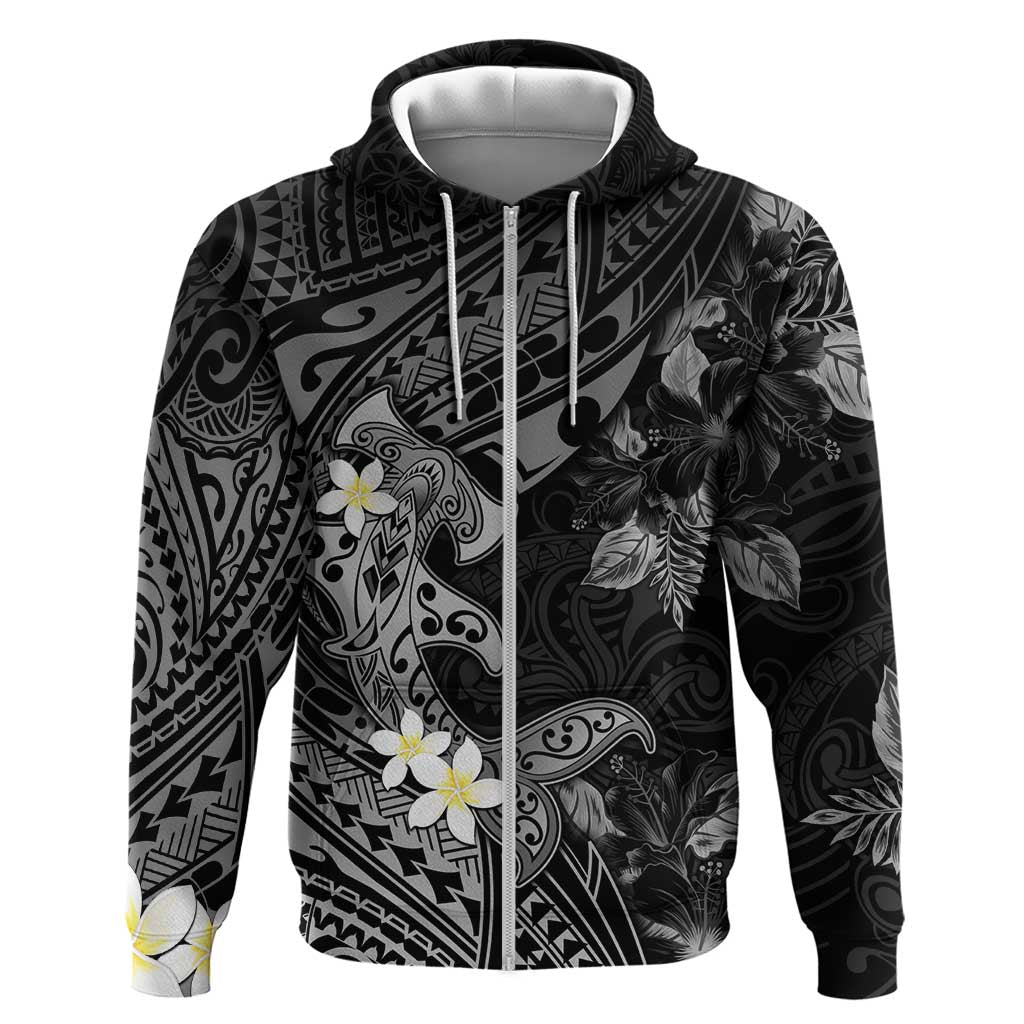 Polynesia Hammerhead Shark Zip Hoodie Tropical Flowers Tribal Pattern Black LT05 Zip Hoodie Black - Polynesian Pride