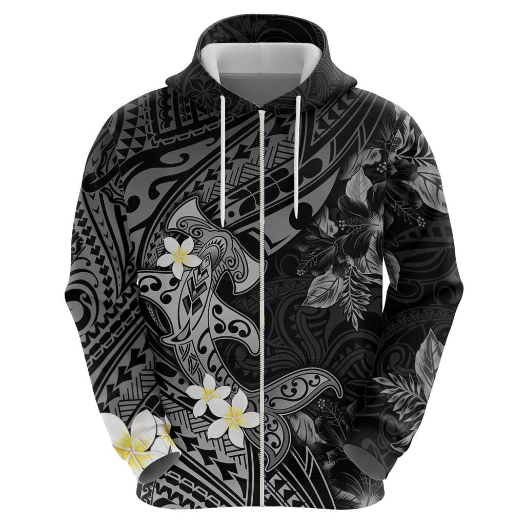 Polynesia Hammerhead Shark Zip Hoodie Tropical Flowers Tribal Pattern Black LT05 - Polynesian Pride