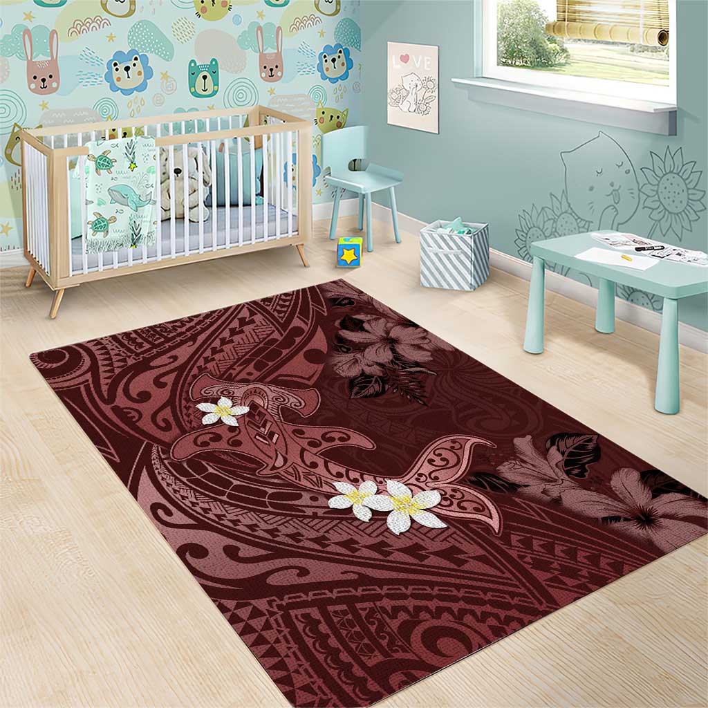 Polynesia Hammerhead Shark Area Rug Tropical Flowers Tribal Pattern Oxblood LT05 - Polynesian Pride