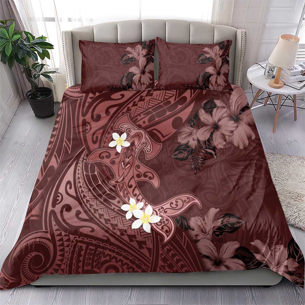 Polynesia Hammerhead Shark Bedding Set Tropical Flowers Tribal Pattern Oxblood LT05 - Polynesian Pride
