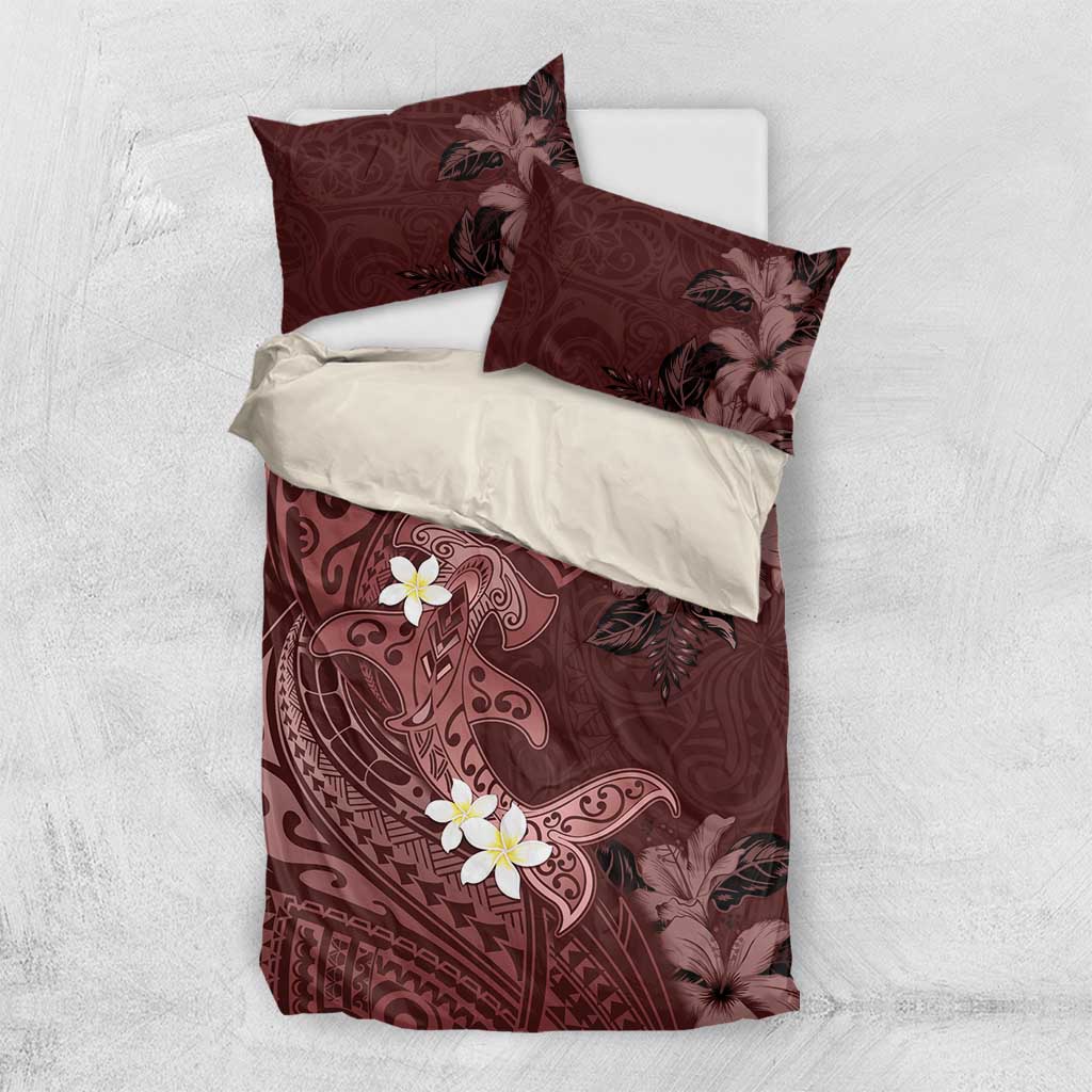 Polynesia Hammerhead Shark Bedding Set Tropical Flowers Tribal Pattern Oxblood LT05 US Twin 172cm x 218cm Oxblood - Polynesian Pride