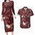 Polynesia Hammerhead Shark Couples Matching Long Sleeve Bodycon Dress and Hawaiian Shirt Tropical Flowers Tribal Pattern Oxblood