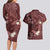 Polynesia Hammerhead Shark Couples Matching Long Sleeve Bodycon Dress and Hawaiian Shirt Tropical Flowers Tribal Pattern Oxblood