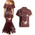 Polynesia Hammerhead Shark Couples Matching Mermaid Dress and Hawaiian Shirt Tropical Flowers Tribal Pattern Oxblood