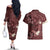 Polynesia Hammerhead Shark Couples Matching Off The Shoulder Long Sleeve Dress and Hawaiian Shirt Tropical Flowers Tribal Pattern Oxblood