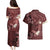 Polynesia Hammerhead Shark Couples Matching Puletasi and Hawaiian Shirt Tropical Flowers Tribal Pattern Oxblood