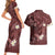 Polynesia Hammerhead Shark Couples Matching Short Sleeve Bodycon Dress and Hawaiian Shirt Tropical Flowers Tribal Pattern Oxblood